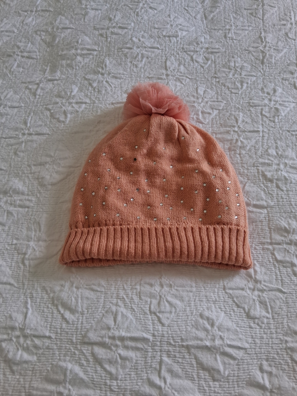 GAP Kids Girls Peach Pom-Pom Knit Beanie with Rhinestones Lined Size L/XL